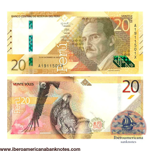 Billete de 20 soles de Perú de 2022, Pick 197, sin circular. Anverso con el retrato del escritor José María Arguedas; reverso con un cóndor andino y la flor de la cantuta.