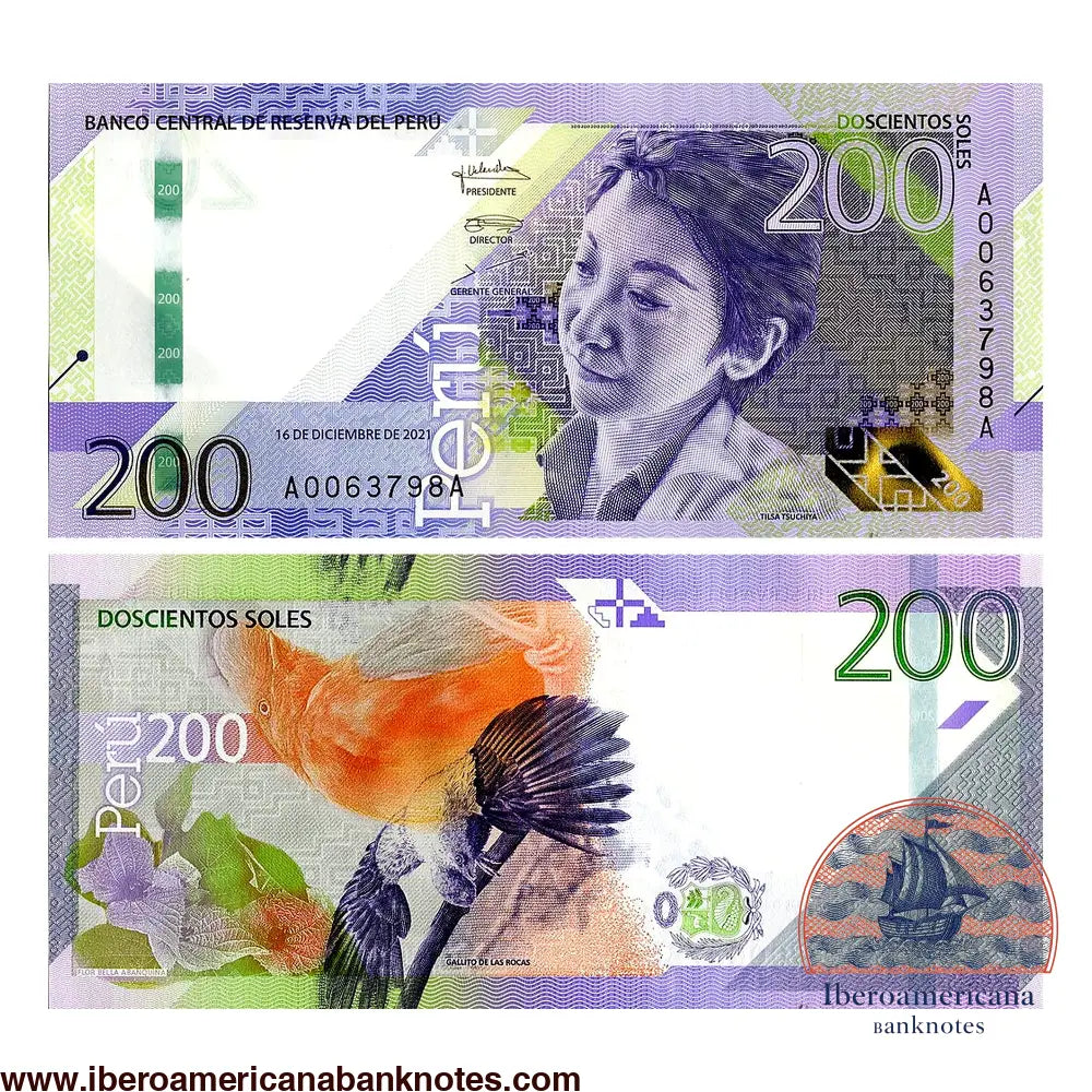 Billete de 200 soles de Perú de 2021, Pick 200, sin circular. Anverso con el retrato de la pintora Tilsa Tsuchiya; reverso con el gallito de las rocas y la flor bella abanquina.