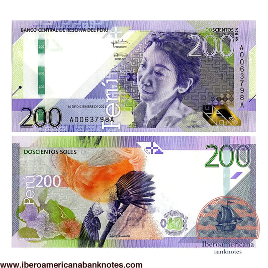 Billete de 200 soles de Perú de 2021, Pick 200, sin circular. Anverso con el retrato de la pintora Tilsa Tsuchiya; reverso con el gallito de las rocas y la flor bella abanquina.