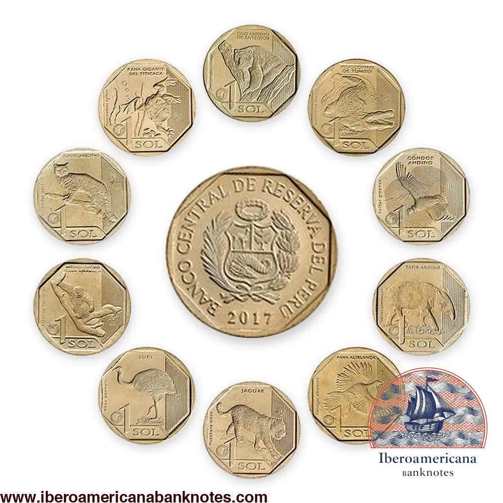 Set de las diez monedas de 1 sol de Perú de 2017 a 2019 de la serie Fauna Silvestre Amenazada, sin circular. En el centro, el anverso con el escudo del Perú; alrededor, los reversos con oso andino, cocodrilo de Tumbes, cóndor andino, tapir andino, pava aliblanca, jaguar, suri, mono choro de cola amarilla, gato andino y rana gigante del Titicaca.
