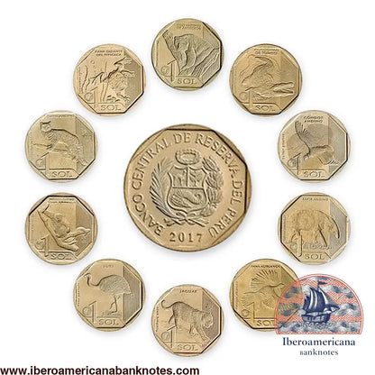 Set de las diez monedas de 1 sol de Perú de 2017 a 2019 de la serie Fauna Silvestre Amenazada, sin circular. En el centro, el anverso con el escudo del Perú; alrededor, los reversos con oso andino, cocodrilo de Tumbes, cóndor andino, tapir andino, pava aliblanca, jaguar, suri, mono choro de cola amarilla, gato andino y rana gigante del Titicaca.