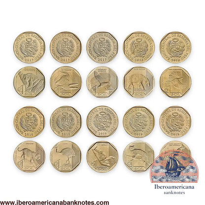 Anversos y reversos de las diez monedas de 1 sol de Perú de la serie Fauna Silvestre Amenazada, de 2017 a 2019, sin circular. Anversos con el escudo del Perú y el año; reversos con cada especie y el valor 1 sol.