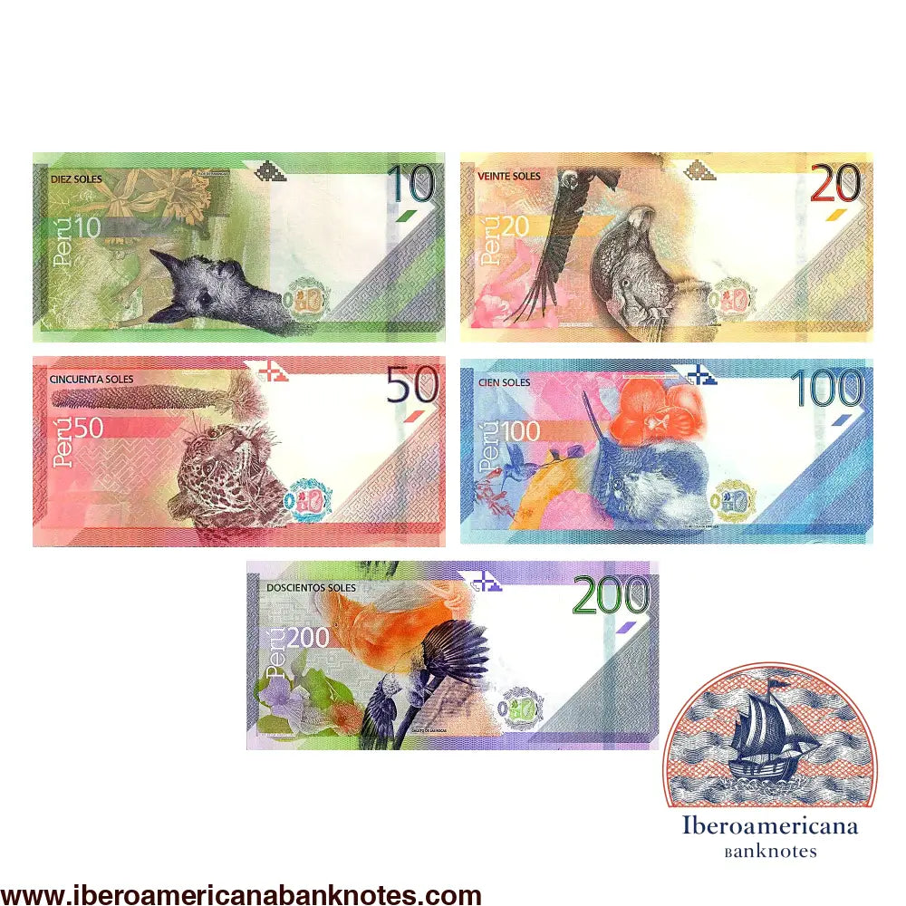 Reversos del set de cinco billetes de Perú de 10 a 200 soles, con la vicuña, el cóndor andino, el otorongo, el colibrí cola de espátula y el gallito de las rocas junto a la flora peruana.