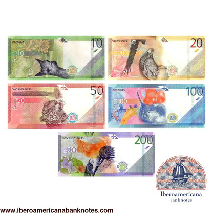 Reversos del set de cinco billetes de Perú de 10 a 200 soles, con la vicuña, el cóndor andino, el otorongo, el colibrí cola de espátula y el gallito de las rocas junto a la flora peruana.
