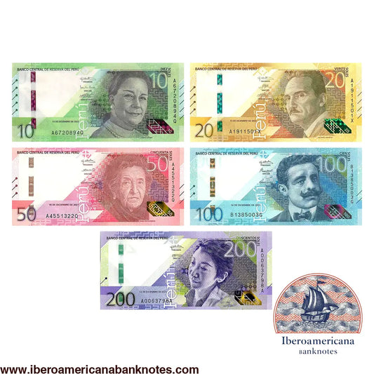 Set de cinco billetes de Perú de 2021 y 2022: 10, 20, 50, 100 y 200 soles de la nueva familia del Banco Central de Reserva del Perú. Anversos con los retratos de Chabuca Granda, José María Arguedas, María Rostworowski, Pedro Paulet y Tilsa Tsuchiya.