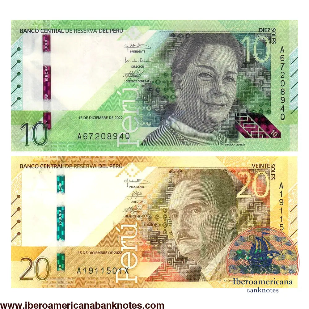 Anversos de la pareja de billetes de Perú de 10 y 20 soles de 2022, Pick 196 y 197, sin circular, con los retratos de Chabuca Granda y José María Arguedas.