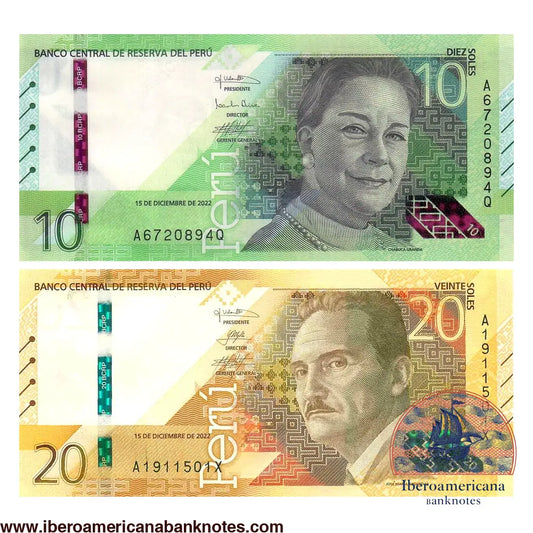 Anversos de la pareja de billetes de Perú de 10 y 20 soles de 2022, Pick 196 y 197, sin circular, con los retratos de Chabuca Granda y José María Arguedas.