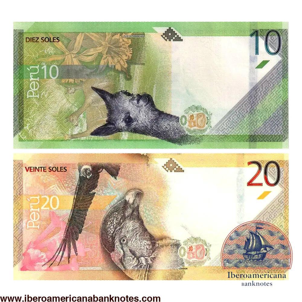 Reversos de la pareja de billetes de Perú de 10 y 20 soles de 2022, Pick 196 y 197, sin circular, con la vicuña y la flor de Amancaes, y el cóndor andino y la flor de la cantuta.