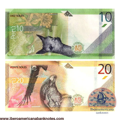 Reversos de la pareja de billetes de Perú de 10 y 20 soles de 2022, Pick 196 y 197, sin circular, con la vicuña y la flor de Amancaes, y el cóndor andino y la flor de la cantuta.