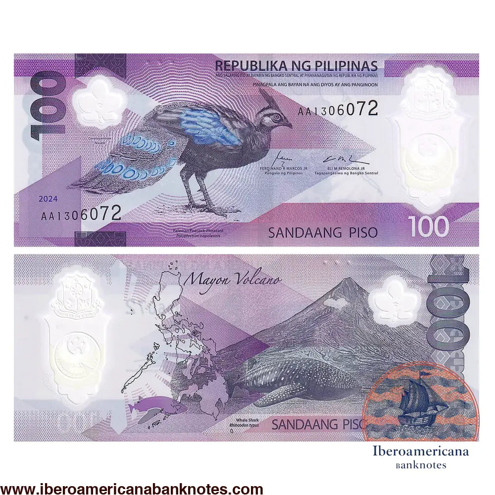 Billete de 100 piso de Filipinas de 2024 en polímero, Pick 238, sin circular. Anverso con un faisán pavo real de Palawan y una orquídea; reverso con el volcán Mayón, un mapa del archipiélago y un tiburón ballena.