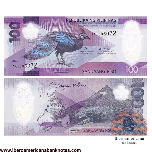 Billete de 100 piso de Filipinas de 2024 en polímero, Pick 238, sin circular. Anverso con un faisán pavo real de Palawan y una orquídea; reverso con el volcán Mayón, un mapa del archipiélago y un tiburón ballena.