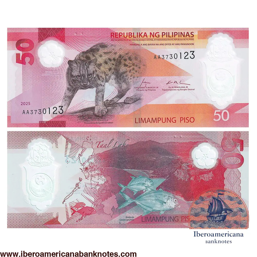 Billete de 50 piso de Filipinas de 2025 en polímero, Pick 237, sin circular. Anverso con un gato leopardo de Visayas y ventana transparente con flor de sampaguita; reverso con el lago Taal, un mapa del archipiélago y dos peces maliputo.