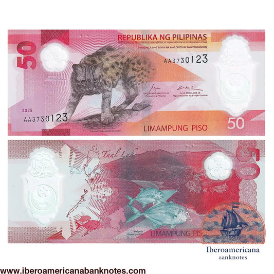 Billete de 50 piso de Filipinas de 2025 en polímero, Pick 237, sin circular. Anverso con un gato leopardo de Visayas y ventana transparente con flor de sampaguita; reverso con el lago Taal, un mapa del archipiélago y dos peces maliputo.