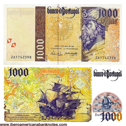 Billete de Portugal de 1000 escudos de 1996, anverso con el retrato de Pedro Álvares Cabral y reverso con una nao portuguesa y fauna de Brasil, en tonos azul y ocre
