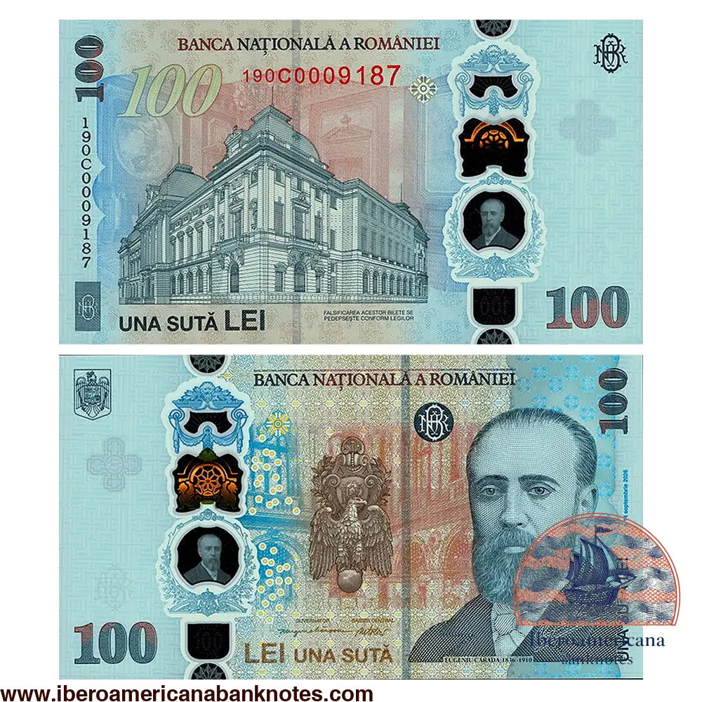 Billete conmemorativo de 100 lei de Rumanía de 2026, Pick 128, sin circular. Anverso con la sede del Banco Nacional de Rumanía; reverso con retrato de Eugeniu Carada, fundador del banco.