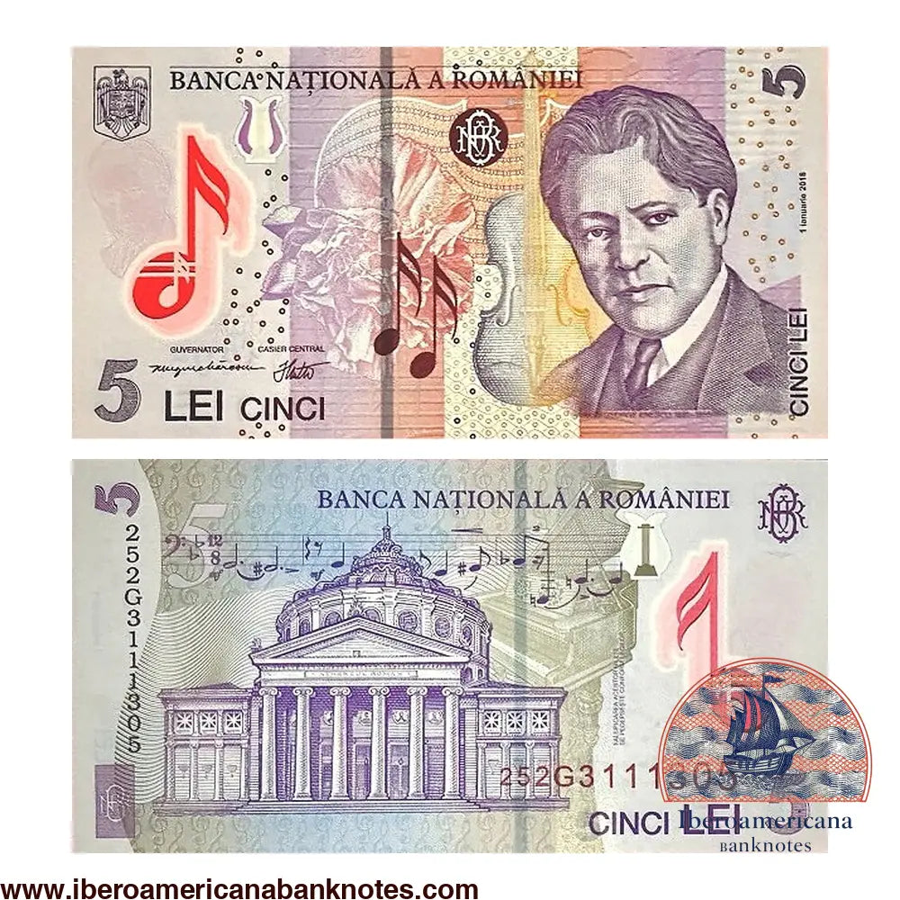 Billete de 5 lei de Rumanía de 2025, en polímero, Pick 118l, sin circular. Anverso con el retrato del compositor George Enescu y un clavel; reverso con la fachada del Ateneo Rumano de Bucarest.
