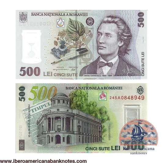 Billete de 500 lei de Rumanía de 2018/2024, en polímero, Pick 123d, sin circular. Anverso con el retrato del poeta Mihai Eminescu y una flor de tilo; reverso con la Biblioteca Central Universitaria de Iași y la cabecera del periódico Timpul.