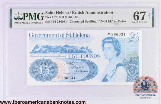 Saint Helena 5 Pounds 1981 P-7b Correct Spelling PMG 67 EPQ