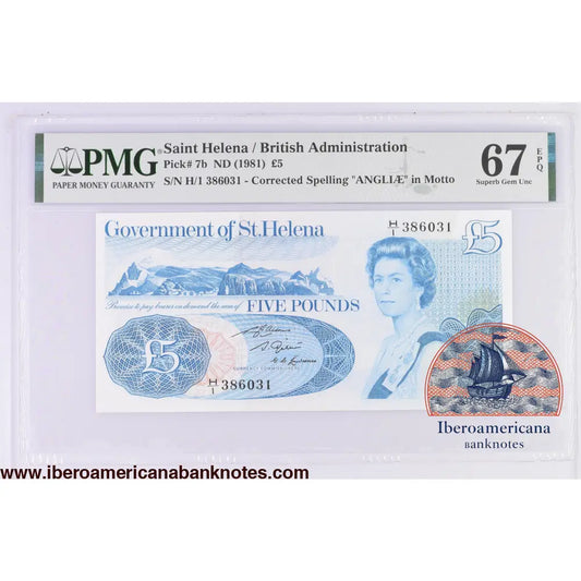 Saint Helena 5 Pounds 1981 P-7b Correct Spelling PMG 67 EPQ
