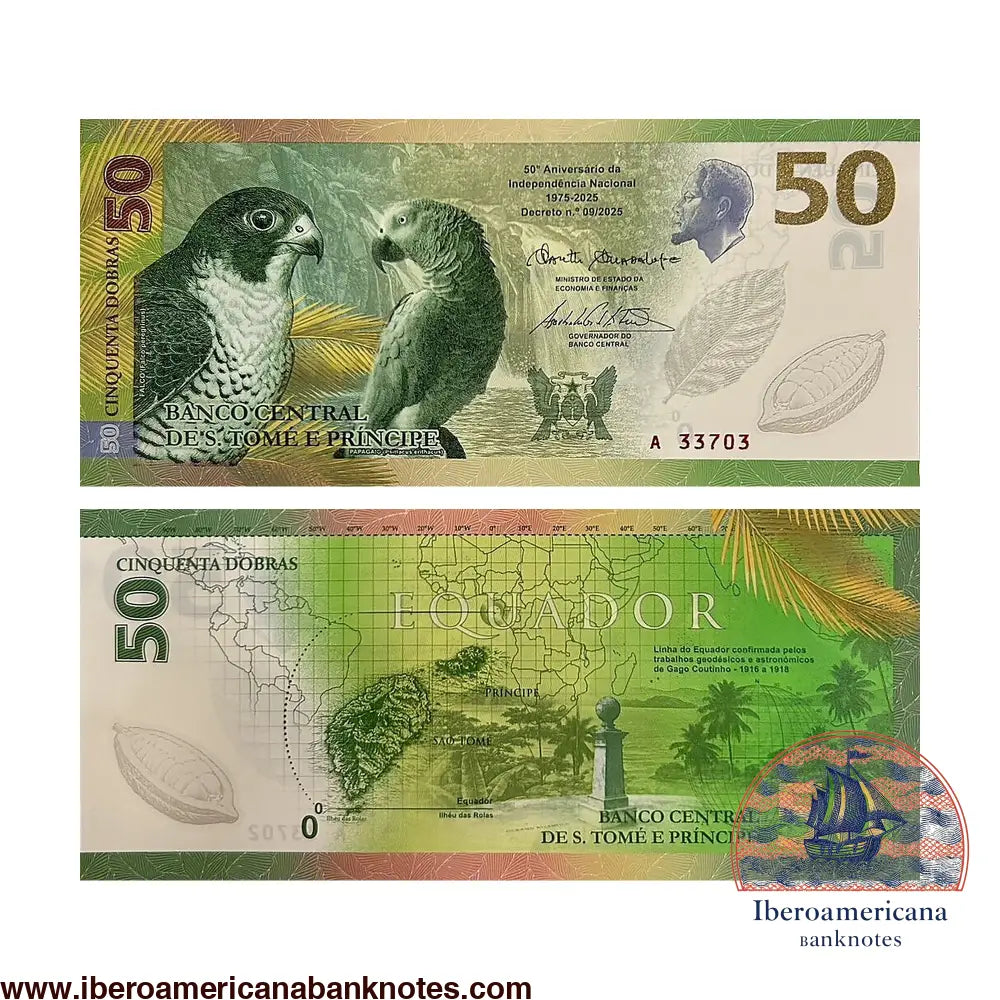 Billete de 50 dobras de Santo Tomé y Príncipe de 2026, en polímero, conmemorativo del 50 aniversario de la independencia, sin circular. Anverso con el retrato del héroe nacional Rei Amador, un halcón peregrino y un loro gris africano; reverso con el islote das Rolas.