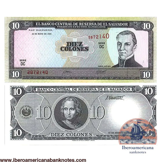 Billete de 10 colones de El Salvador de 1995, Pick 141a, sin circular. Anverso con el retrato de Manuel José Arce y el escudo nacional; reverso con el retrato de Cristóbal Colón.