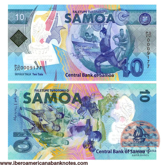 Billete conmemorativo de polímero de Samoa de 10 tala de 2019 por los XVI Juegos del Pacífico, con deportistas de halterofilia, rugby y piragüismo, en azul y turquesa
