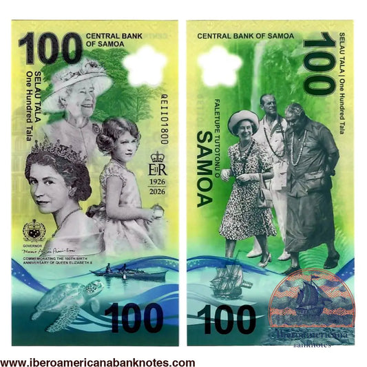Billete de 100 tala de Samoa de 2026 en polimero, conmemorativo del centenario del nacimiento de Isabel II. Anverso vertical con dos retratos de la reina y el monograma EIIR 1926-2026. Reverso con la reina, el duque de Edimburgo y el jefe de Estado de Samoa.