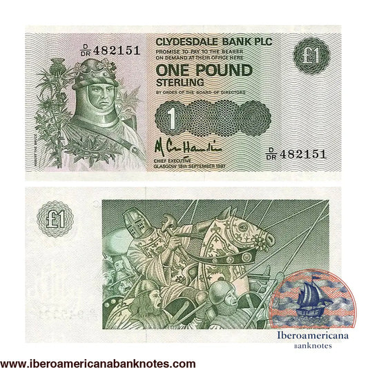 Billete de 1 libra de Escocia de 1987, Pick 211d, sin circular. Anverso con Robert the Bruce entre cardos; reverso con una escena de la batalla de Bannockburn, con un caballero a caballo entre lanceros.