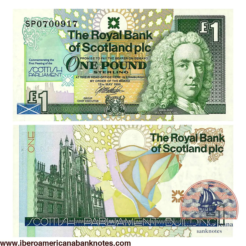 Billete de 1 libra de Escocia de 1999, Pick 360, sin circular. Anverso con Lord Ilay y la leyenda conmemorativa de la primera sesión del Parlamento escocés; reverso con el edificio del Parlamento escocés en Edimburgo.