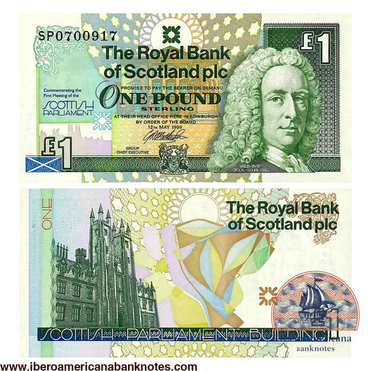 Billete de 1 libra de Escocia de 1999, Pick 360, sin circular. Anverso con Lord Ilay y la leyenda conmemorativa de la primera sesión del Parlamento escocés; reverso con el edificio del Parlamento escocés en Edimburgo.