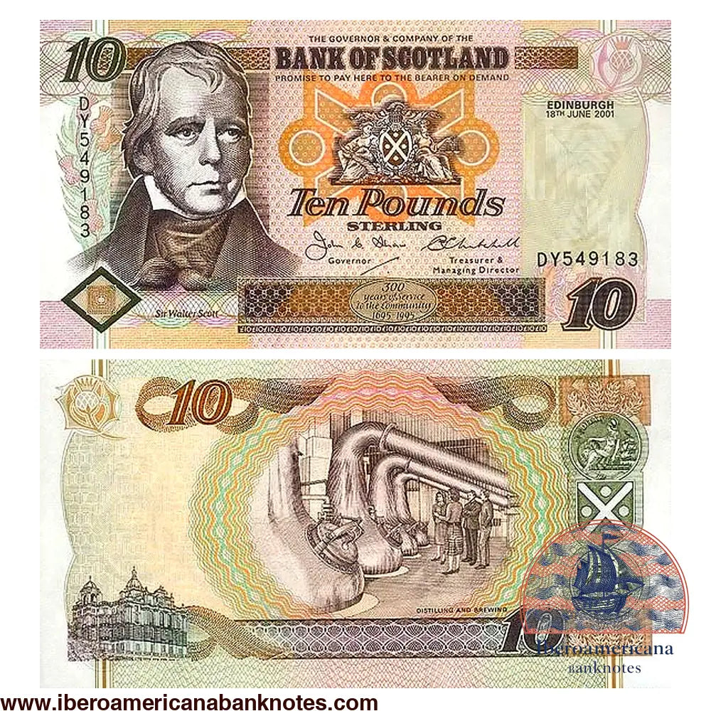 Billete de 10 libras de Escocia de 2001, Pick 120d, sin circular. Anverso con Sir Walter Scott y el escudo del Bank of Scotland; reverso con los alambiques de una destilería de whisky, escena «Distilling and Brewing».
