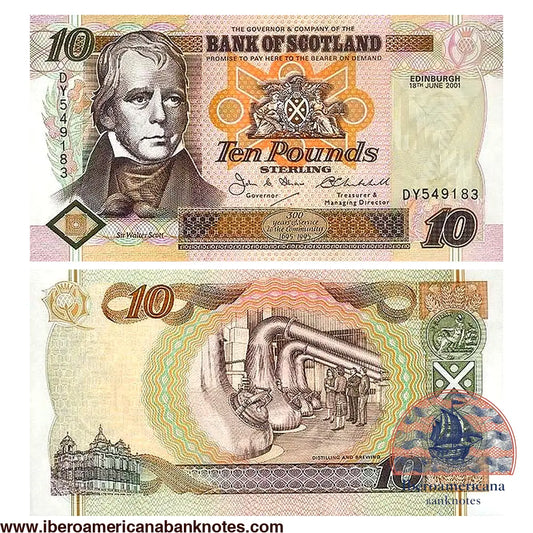 Billete de 10 libras de Escocia de 2001, Pick 120d, sin circular. Anverso con Sir Walter Scott y el escudo del Bank of Scotland; reverso con los alambiques de una destilería de whisky, escena «Distilling and Brewing».