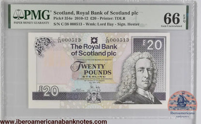 Scotland 20 Pounds 2010-12 LOW SERIAL NUMBER 513 P-354e PMG 66 EPQ