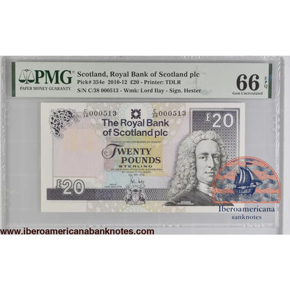 Scotland 20 Pounds 2010-12 LOW SERIAL NUMBER 513 P-354e PMG 66 EPQ