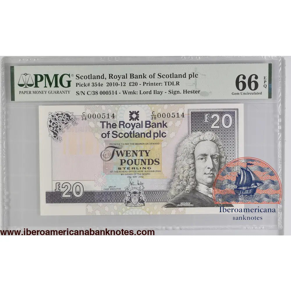 Scotland 20 Pounds 2010-12 LOW SERIAL NUMBER 514 P-354e PMG 66 EPQ