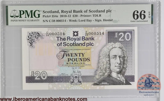 Scotland 20 Pounds 2010-12 LOW SERIAL NUMBER 514 P-354e PMG 66 EPQ