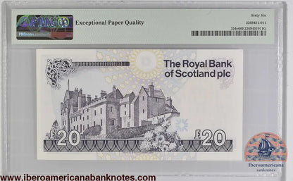 Scotland 20 Pounds 2010-12 LOW SERIAL NUMBER 518 P-354e PMG 66 EPQ