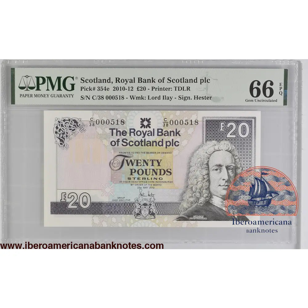 Scotland 20 Pounds 2010-12 LOW SERIAL NUMBER 518 P-354e PMG 66 EPQ