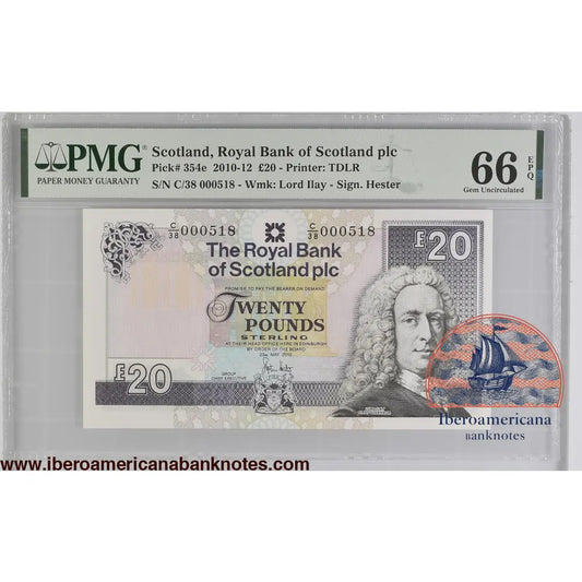 Scotland 20 Pounds 2010-12 LOW SERIAL NUMBER 518 P-354e PMG 66 EPQ