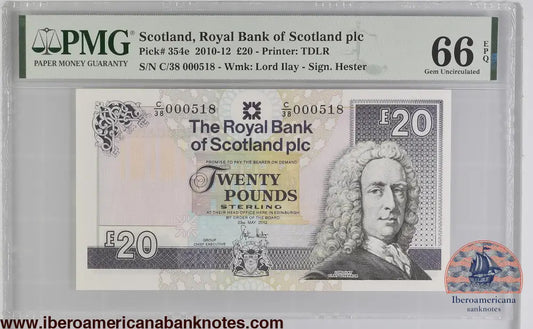 Scotland 20 Pounds 2010-12 LOW SERIAL NUMBER 518 P-354e PMG 66 EPQ
