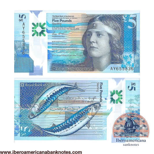 Billete de 5 libras de Escocia de 2016, Pick 370, sin circular. Anverso con la escritora Nan Shepherd sobre un paisaje de montaña; reverso con dos caballas y versos manuscritos de Sorley MacLean.