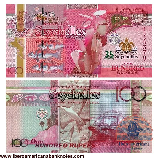 Billete conmemorativo de Seychelles de 100 rupias de 2013 por el 35 aniversario del Banco Central, con tortuga gigante y aves marinas, en tonos rosa y rojo