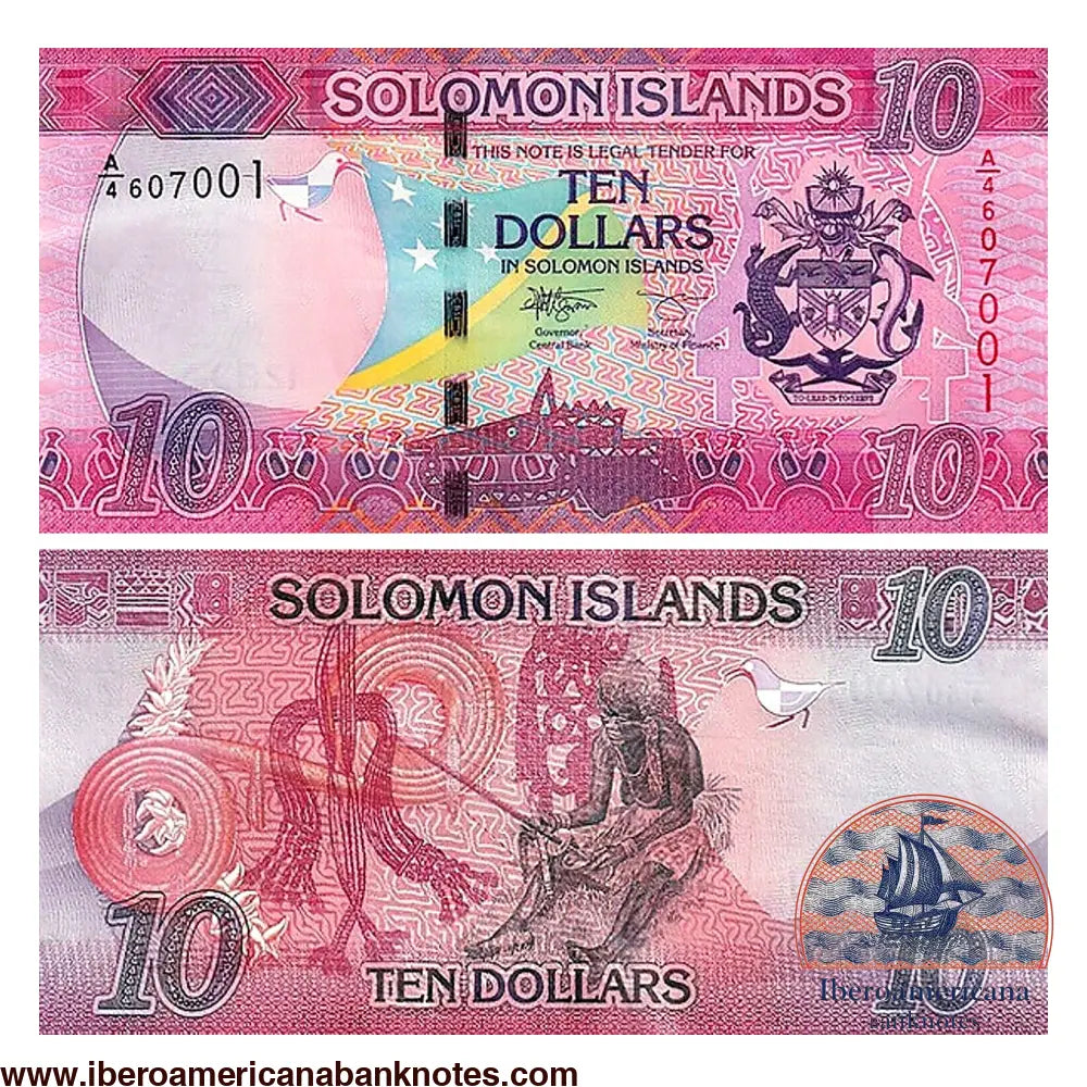 Billete de 10 dólares de Islas Salomón de 2022, Pick 33b, sin circular. Anverso con la bandera y el escudo nacional; reverso con una mujer fabricando dinero tradicional de conchas.