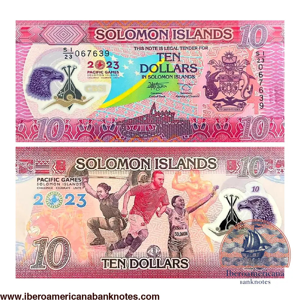 Billete de 10 dólares de Islas Salomón de 2023, Pick 39, sin circular. Anverso con la bandera, el escudo nacional y el logotipo de los Juegos del Pacífico 2023; reverso con una halterófila, un futbolista y una atleta de los Juegos del Pacífico de Honiara.