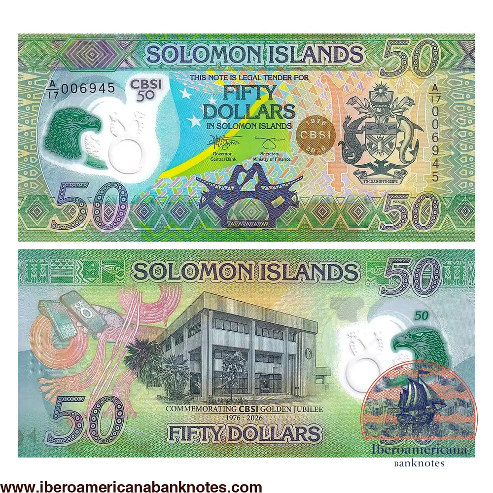 Billete de 50 dólares de Islas Salomón de 2026, Pick 40, sin circular. Anverso con la bandera y el escudo nacional y ventana transparente con cabeza de águila; reverso con la sede del Banco Central de las Islas Salomón en Honiara y el paso del dinero de conchas a los pagos digitales.