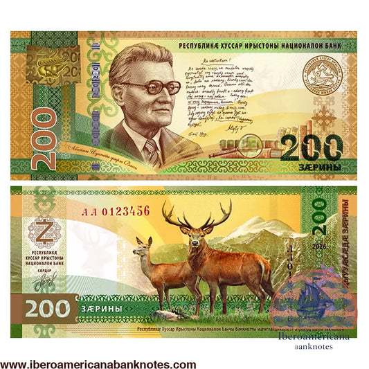 Billete de 200 zarim de Osetia del Sur de 2026 (Pick 2), grado UNC. Anverso con retrato de intelectual histórico y firma manuscrita. Reverso con ciervos y motivos tradicionales caucásicos.