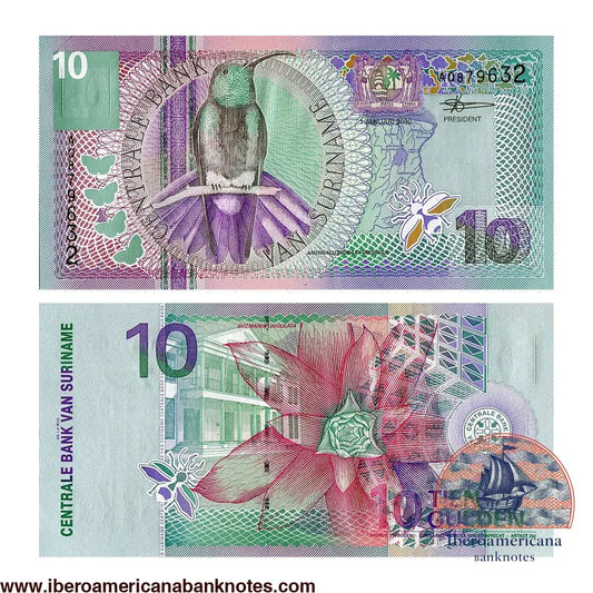 Billete de 10 gulden de Surinam de 2000, Pick 147, sin circular. Anverso con un colibrí mango gorjiverde y el escudo nacional; reverso con el edificio del Banco Central de Surinam y una flor estrella escarlata (Guzmania lingulata).