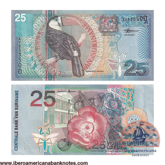 Billete de 25 gulden de Surinam de 2000, Pick 148, sin circular. Anverso con un tucán piquirrojo de garganta blanca y el escudo nacional; reverso con la flor de bala de cañón sobre el edificio del Banco Central de Surinam.