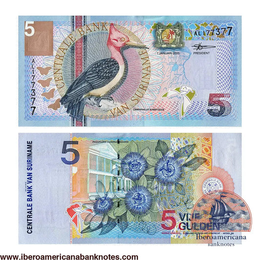 Billete de 5 gulden de Surinam de 2000, Pick 146, sin circular. Anverso con un carpintero cuellirrojo y el escudo nacional; reverso con una flor de la pasión sobre el edificio del Banco Central de Surinam.