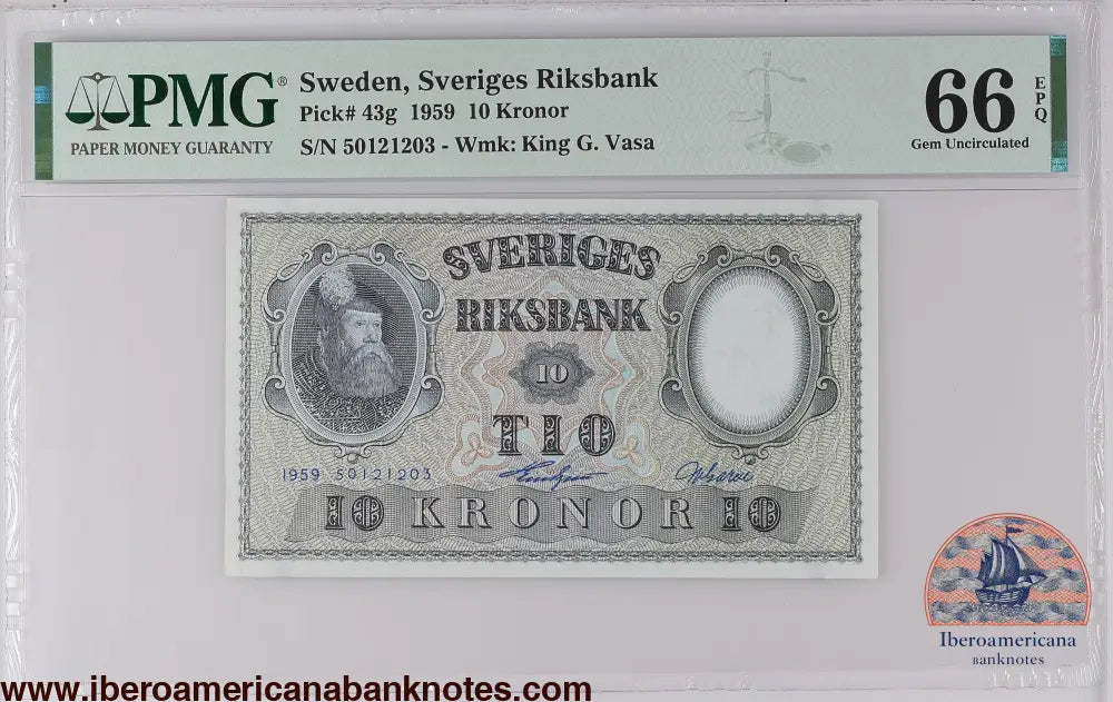 Sweden 1959 P-43g PMG Gem UNC 66 EPQ 10 Kronor
